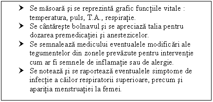 Text Box: † Se masoara si se reprezinta grafic functiile vitale : temperatura, puls, T.A., respiratie.
† Se cantareste bolnavul si se apreciaza talia pentru dozarea premedicatiei si anestezicelor.
† Se semnaleaza medicului eventualele modificari ale tegumentelor din zonele prevazute pentru interventie cum ar fi semnele de inflamatie sau de alergie.
† Se noteaza si se raporteaza eventualele simptome de infectie a <a href=