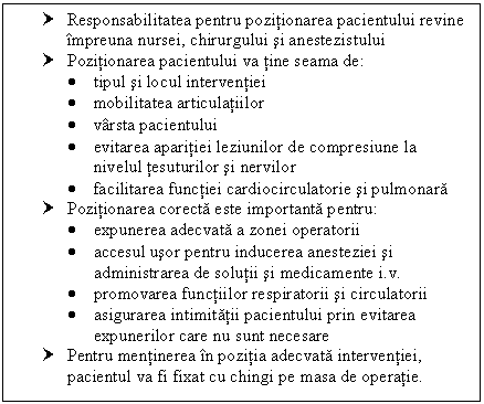 Text Box: † Responsabilitatea pentru pozitionarea pacientului revine impreuna nursei, chirurgului si anestezistului
† Pozitionarea pacientului va tine seama de:
 tipul si locul interventiei
 mobilitatea articulatiilor
 varsta pacientului
 evitarea aparitiei leziunilor de compresiune la nivelul tesuturilor si nervilor
 facilitarea functiei cardiocirculatorie si pulmonara
† Pozitionarea corecta este importanta pentru:
 expunerea adecvata a zonei operatorii
 accesul usor pentru inducerea anesteziei si administrarea de solutii si medicamente i.v.
 promovarea functiilor respiratorii si circulatorii
 asigurarea intimitatii pacientului prin evitarea expunerilor care nu sunt necesare
† Pentru mentinerea in pozitia adecvata interventiei, pacientul va fi fixat cu chingi pe masa de operatie.
.
