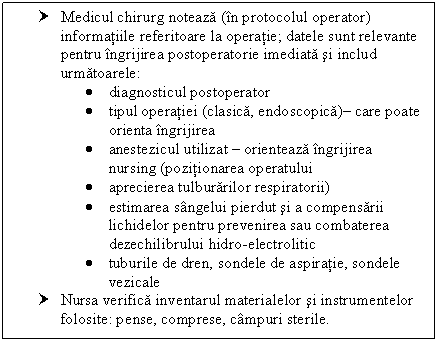 Text Box: † Medicul chirurg noteaza (in protocolul operator) informatiile referitoare la operatie; datele sunt relevante pentru ingrijirea postoperatorie imediata si includ urmatoarele:
 diagnosticul postoperator
 tipul operatiei (clasica, endoscopica) care poate orienta ingrijirea 
 anestezicul utilizat  orienteaza ingrijirea nursing (pozitionarea operatului 
 aprecierea tulburarilor respiratorii)
 estimarea sangelui pierdut si a compensarii lichidelor pentru prevenirea sau combaterea dezechilibrului hidro-electrolitic
 tuburile de dren, sondele de aspiratie, sondele cale
† Nursa verifica inventarul materialelor si instrumentelor folosite: pense, comprese, campuri sterile.

 
