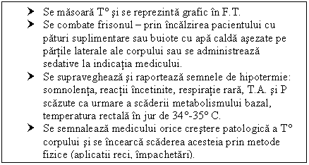 Text Box: † Se masoara T si se reprezinta grafic in F.T.
† Se combate frisonul  prin incalzirea pacientului cu paturi suplimentare sau buiote cu apa calda asezate pe partile laterale ale corpului sau se administreaza <a href=