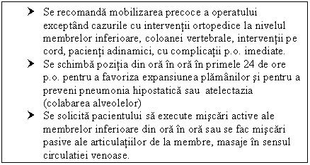 Text Box: † Se recomanda mobilizarea precoce a operatului exceptand cazurile cu interventii ortopedice la nivelul membrelor inferioare, coloanei vertebrale, interventii pe cord, pacienti adinamici, cu complicatii p.o. imediate.
† Se schimba pozitia din ora in ora in primele 24 de ore p.o. pentru a favoriza expansiunea plamanilor si pentru a preveni <a href=