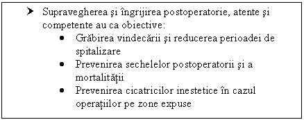 Text Box: † Supravegherea si ingrijirea postoperatorie, atente si competente au ca obiective:
 Grabirea vindecarii si reducerea perioadei de spitalizare
 Prevenirea sechelelor postoperatorii si a mortalitatii
 Prevenirea cicatricilor inestetice in cazul operatiilor pe zone expuse

 
