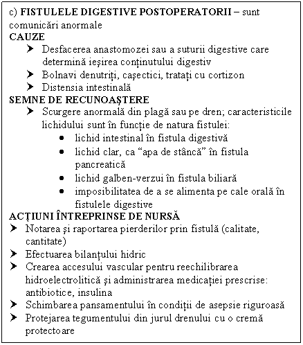 Text Box: c) FISTULELE DIGESTIVE POSTOPERATORII  sunt comunicari anormale
CAUZE
† Desfacerea anastomozei sau a suturii digestive care determina iesirea continutului digestiv
† Bolnavi denutriti, casectici, tratati cu cortizon
† Distensia intestinala
SEMNE DE RECUNOASTERE 
† Scurgere anormala din plaga sau pe dren; caracteristicile lichidului sunt in functie de natura fistulei:
 lichid intestinal in fistula digestiva
 lichid clar, ca apa de stanca in fistula pancreatica
 lichid galben-verzui in fistula biliara
 imposibilitatea de a se alimenta pe cale orala in fistulele digestive
ACTIUNI INTREPRINSE DE NURSA
† Notarea si raportarea pierderilor prin fistula (calitate, cantitate)
† Efectuarea bilantului hidric
† Crearea accesului vascular pentru reechilibrarea hidroelectrolitica si administrarea medicatiei prescrise: antibiotice, insulina
† Schimbarea pansamentului in conditii de asepsie riguroasa
† Protejarea tegumentului din jurul drenului cu o <a href=