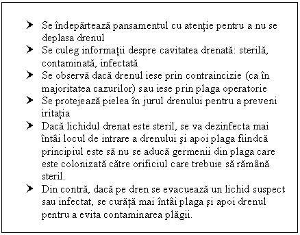 Text Box: † Se indeparteaza pansamentul cu atentie pentru a nu se deplasa drenul
† Se culeg informatii despre cavitatea drenata: sterila, contaminata, infectata
† Se observa daca drenul iese prin contraincizie (ca in majoritatea cazurilor) sau iese prin plaga operatorie
† Se protejeaza pielea in jurul drenului pentru a preveni iritatia
† Daca lichidul drenat este steril, se va dezinfecta mai intai locul de intrare a drenului si apoi plaga fiindca principiul este sa nu se aduca germenii din plaga care este colonizata catre orificiul care trebuie sa ramana steril.
† Din contra, daca pe dren se evacueaza un lichid suspect sau infectat, se curata mai intai plaga si apoi drenul pentru a evita contaminarea plagii.

