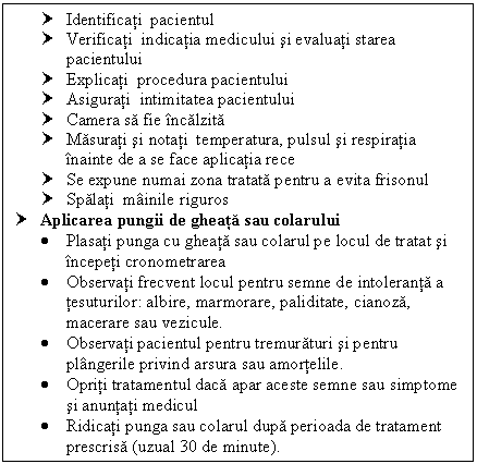 Text Box: † Identificati pacientul
† Verificati indicatia medicului si evaluati starea pacientului
† Explicati procedura pacientului
† Asigurati intimitatea pacientului
† Camera sa fie incalzita
† Masurati si notati temperatura, <a href=