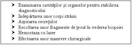 Text Box: † Examinarea cavitatilor si organelor pentru stabilirea diagnosticului
† Indepartarea unor corpi straini
† Aspirarea secretiilor
† Recoltarea unor fragmente de tesut in vederea biopsiei
† Hemostaza cu laser
† Efectuarea unor manevre chirurgicale
