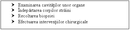 Text Box: † Examinarea cavitatilor unor organe
† Indepartarea corpilor straini
† Recoltarea biopsiei
† Efectuarea interventiilor chirurgicale
