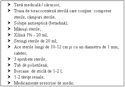 Text Box: † Tava medicala / carucior;
† Trusa de toracocenteza sterila care contine: comprese sterile, campuri sterile;
† Solutie antiseptica (betadina);
† Manusi sterile;
† Xilina 1% - 20 ml;
† Seringi sterile de 20 ml;
† Ace sterile lungi de 10-l2 cm si cu un diametru de 1 mm, cateter;
† 3 eprubete sterile;
† Tub de polietilena;
† Borcane de sticla de 1-2 l;
† 1-2 tavite renale;
† Medicamente prescrise de medic.

