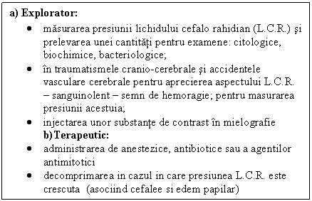 Text Box: a) Explorator:
 masurarea presiunii lichidului cefalo rahidian (L.C.R.) si prelevarea unei cantitati pentru examene: citologice, biochimice, bacteriologice;
 in traumatismele cranio-cerebrale si accidentele vasculare cerebrale pentru aprecierea aspectului L.C.R.  sanguinolent  semn de hemoragie; pentru masurarea presiunii acestuia;
 injectarea unor substante de contrast in mielografie b)Terapeutic:
 administrarea de anestezice, antibiotice sau a agentilor antimitotici 
 decomprimarea in cazul in care presiunea L.C.R. este crescuta (asociind <a href=