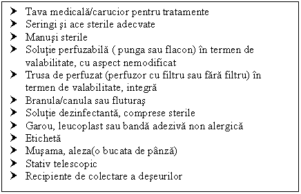 Text Box: † Tava medicala/carucior pentru tratamente
† Seringi si ace sterile adecvate
† Manusi sterile
† Solutie perfuzabila ( punga sau flacon) in termen de valabilitate, cu aspect nemodificat
† Trusa de perfuzat (perfuzor cu filtru sau fara filtru) in termen de valabilitate, integra
† Branula/canula sau fluturas
† Solutie dezinfectanta, <a href=