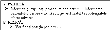 Text Box: a) PSIHICA:
† Informati si explicati procedura pacientului  informarea pacientului despre o noua solutie perfuzabila si potentialele efecte adverse
b) FIZICA:
† Verificati pozitia pacientului
