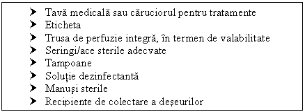 Text Box: † Tava medicala sau caruciorul pentru tratamente
† Eticheta
† Trusa de perfuzie integra, in termen de valabilitate
† Seringi/ace sterile adecvate
† Tampoane
† Solutie dezinfectanta
† Manusi sterile 
† Recipiente de colectare a deseurilor

