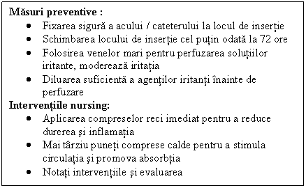 Text Box: Masuri preventive :
 Fixarea sigura a acului / cateterului la locul de insertie
 Schimbarea locului de insertie cel putin odata la 72 ore
 Folosirea venelor mari pentru perfuzarea solutiilor iritante, modereaza iritatia
 Diluarea suficienta a agentilor iritanti inainte de perfuzare
Interventiile nursing:
 Aplicarea compreselor reci imediat pentru a reduce <a href=