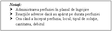 Text Box: Notati:
† Administrarea perfuziei in ul de ingrijire
† Reactiile adverse daca au aparut pe durata perfuziei
† Ora cand a inceput perfuzia, locul, tipul de solutie, cantitatea, debitul
